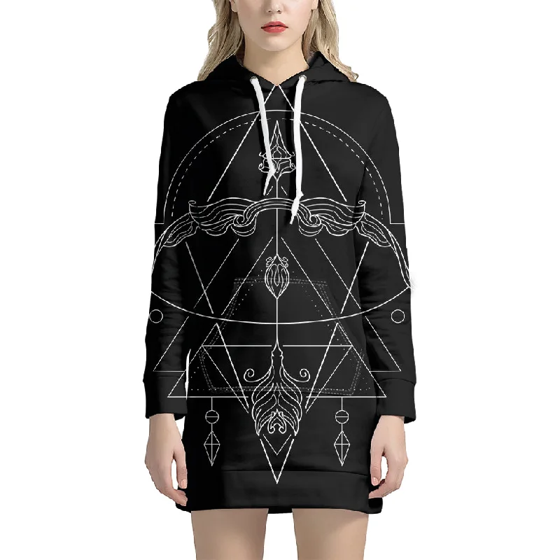 Black And White Sagittarius Sign Print Pullover Hoodie Dress