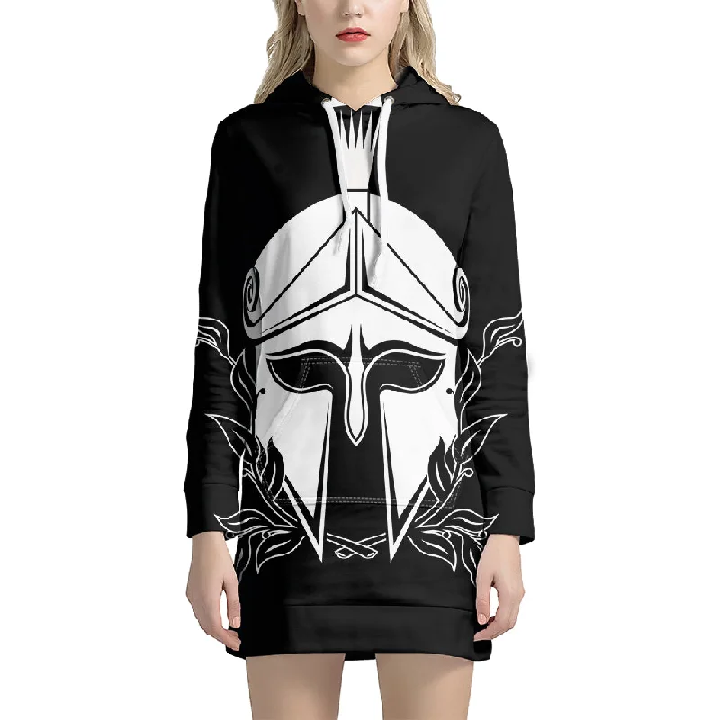 Black And White Spartan Helmet Print Pullover Hoodie Dress