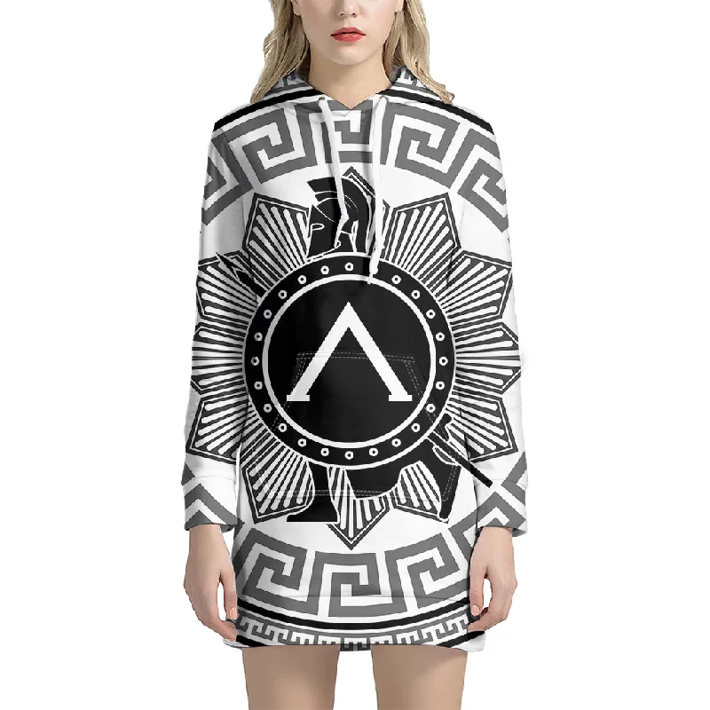 Black And White Spartan Warrior Print Pullover Hoodie Dress