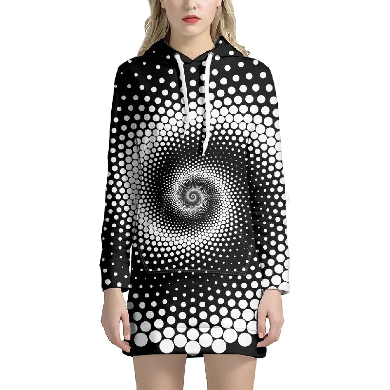 Black And White Spiral Dot Print Pullover Hoodie Dress