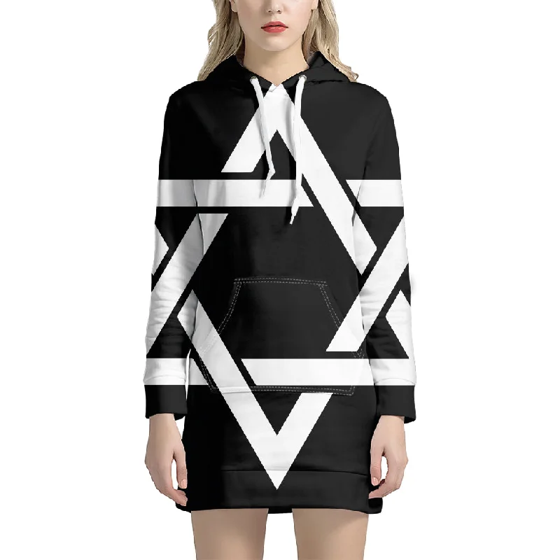 Black And White Star of David Print Pullover Hoodie Dress