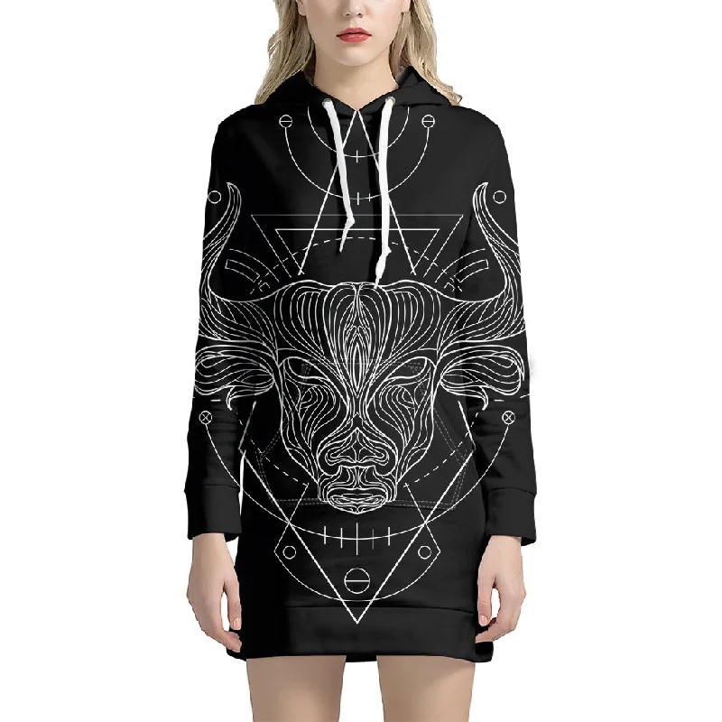 Black And White Taurus Sign Print Pullover Hoodie Dress