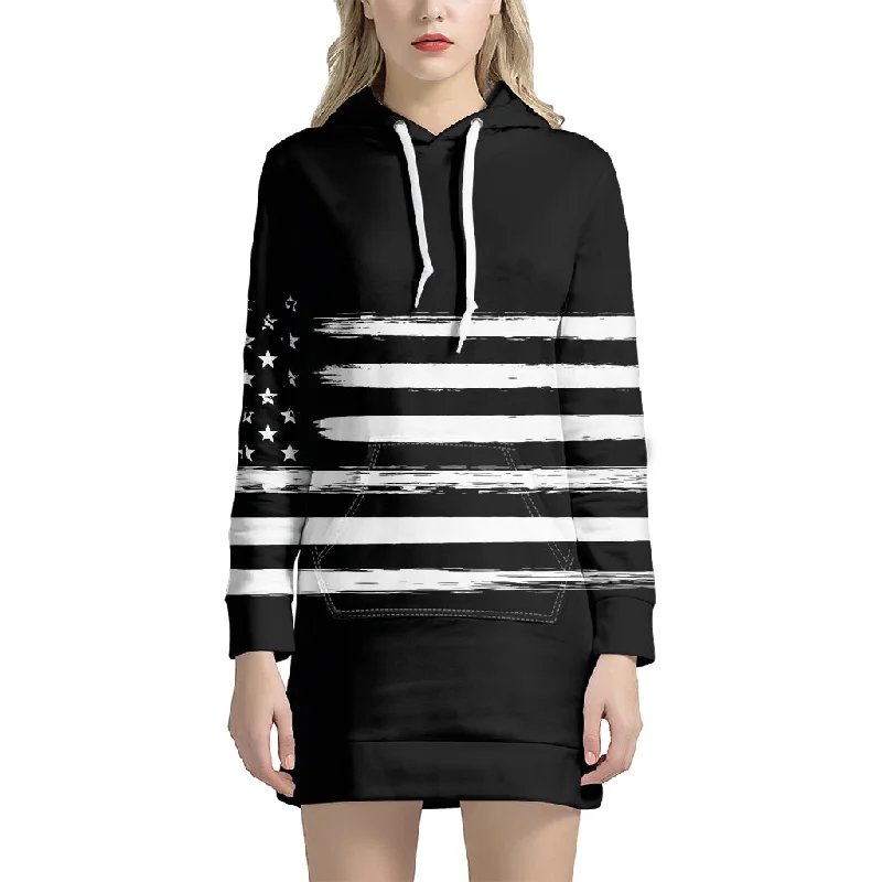 Black And White USA Flag Print Pullover Hoodie Dress