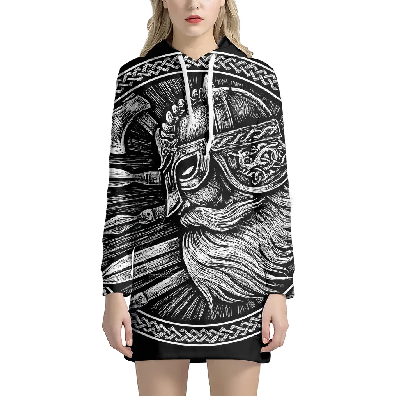 Black And White Viking God Odin Print Pullover Hoodie Dress