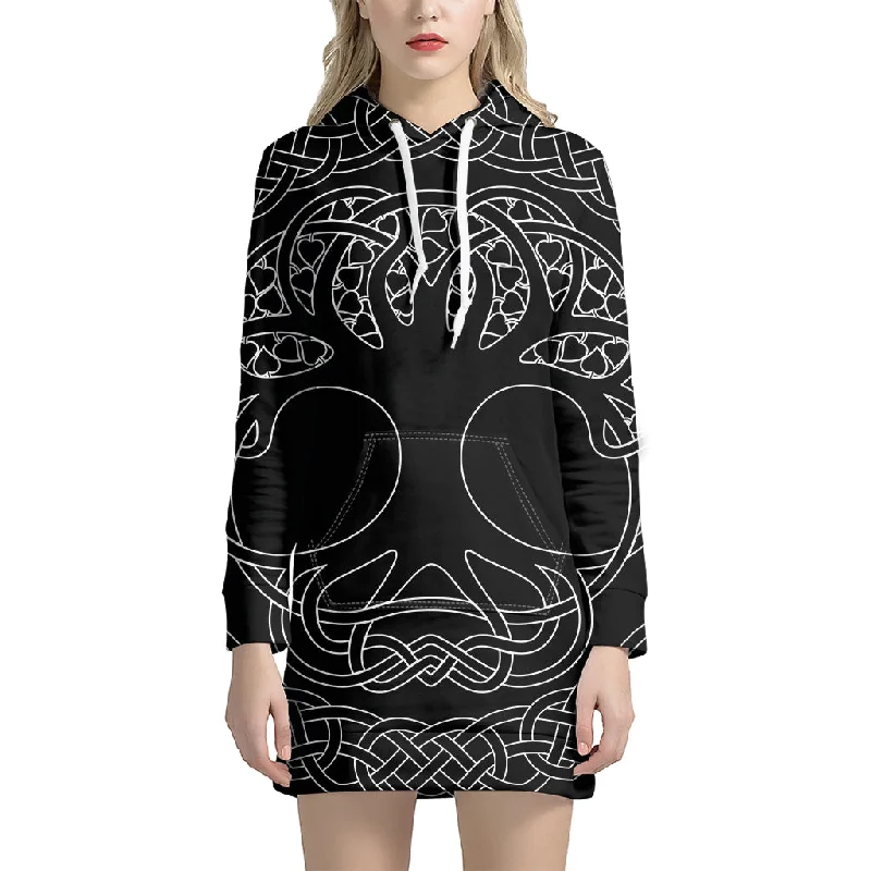 Black And White Viking Yggdrasil Print Pullover Hoodie Dress