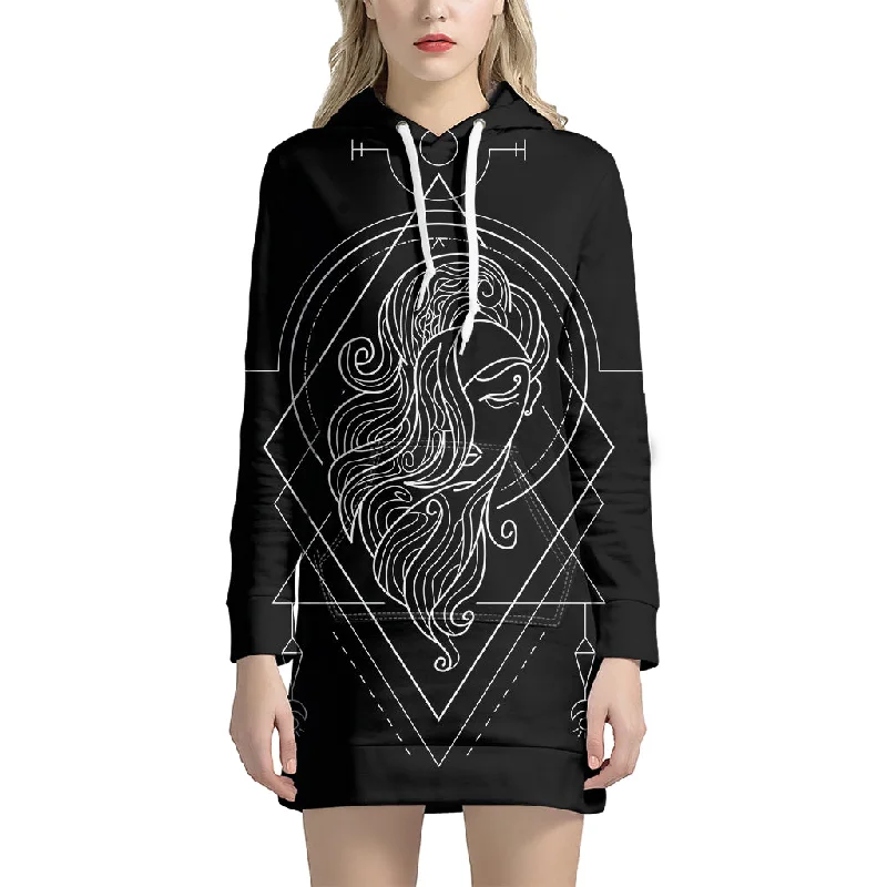 Black And White Virgo Sign Print Pullover Hoodie Dress