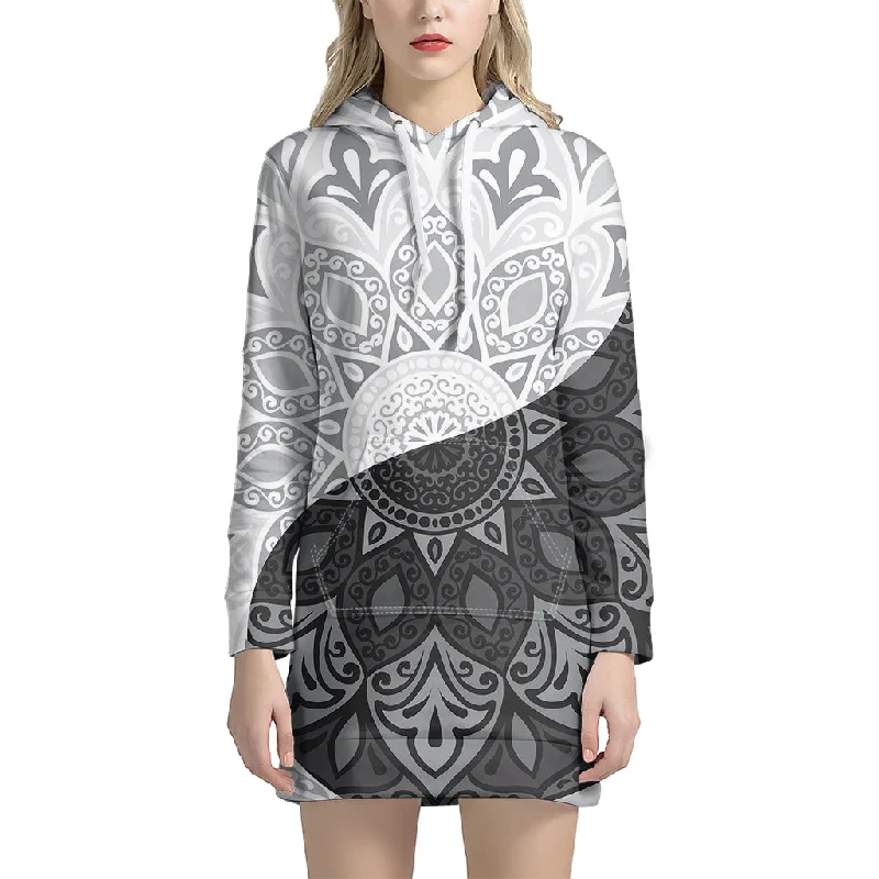 Black And White Yin Yang Mandala Print Pullover Hoodie Dress