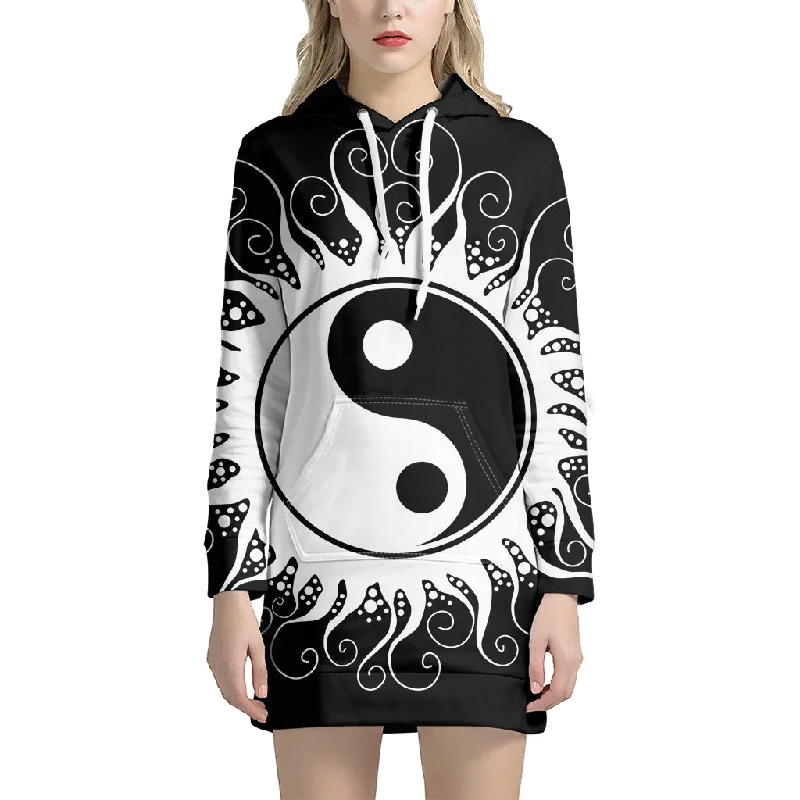 Black And White Yin Yang Sun Print Pullover Hoodie Dress