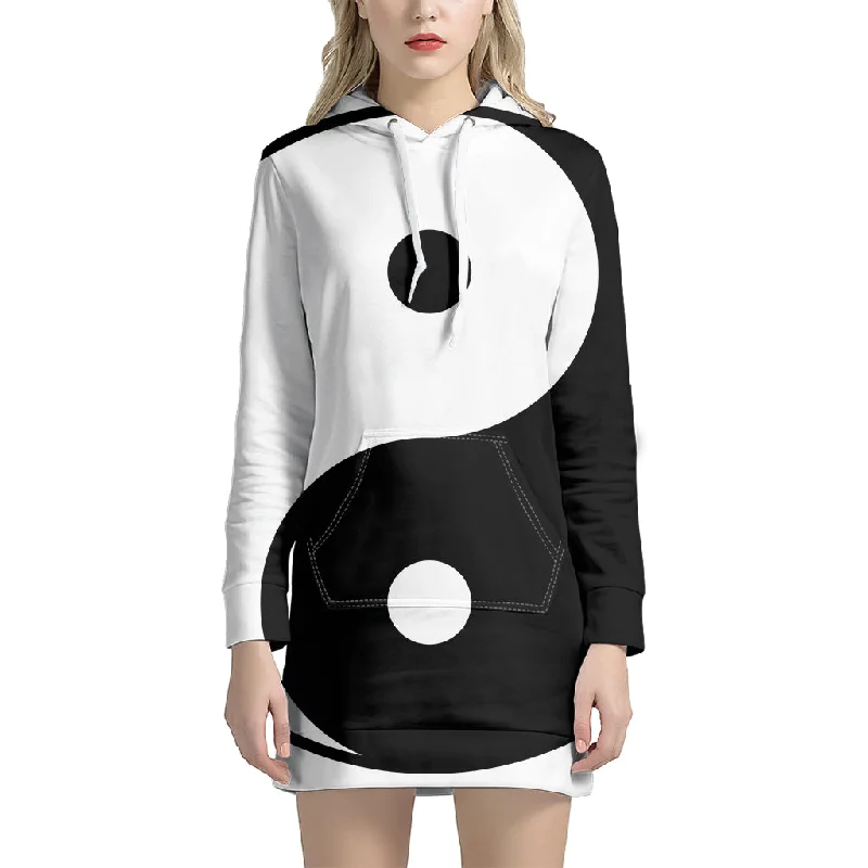 Black And White Yin Yang Symbol Print Pullover Hoodie Dress