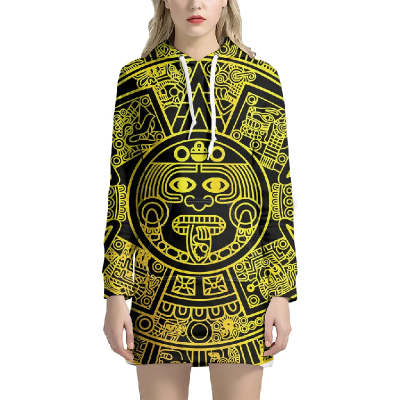 Black And Yellow Maya Calendar Print Pullover Hoodie Dress