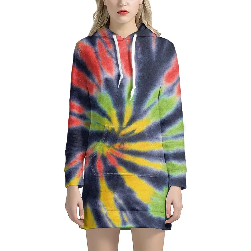 Black Backed Spiral Tie Dye Print Pullover Hoodie Dress