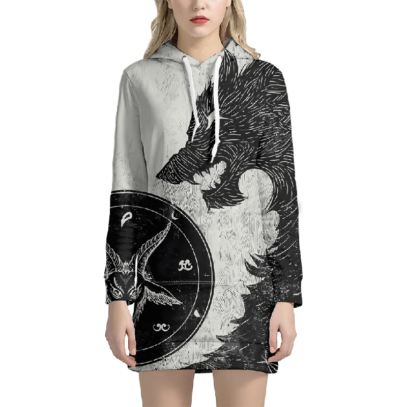 Black Demon Wolf Print Pullover Hoodie Dress