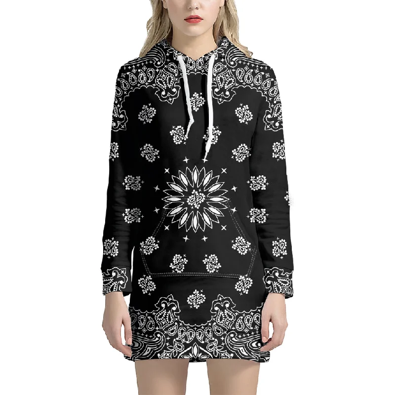 Black Paisley Bandana Print Pullover Hoodie Dress