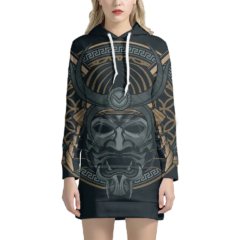 Black Samurai Mask Print Pullover Hoodie Dress