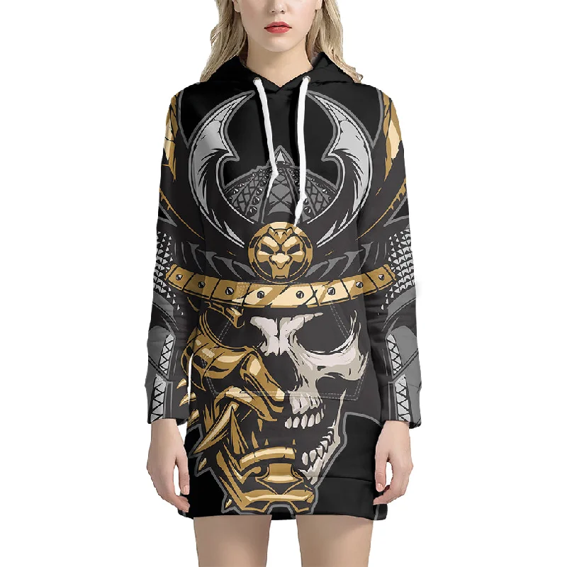 Black Samurai Skull Print Pullover Hoodie Dress