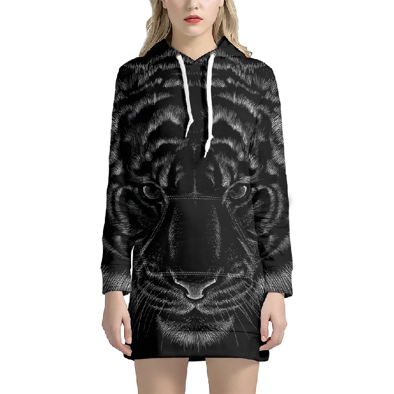 Black Tiger Portrait Print Pullover Hoodie Dress