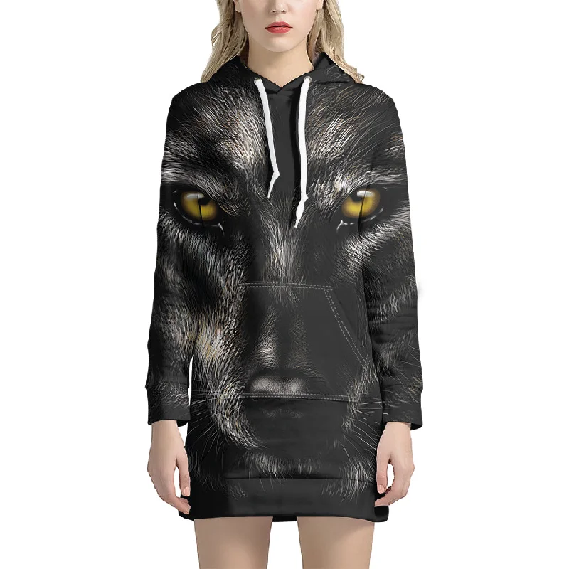 Black Wolf Portrait Print Pullover Hoodie Dress