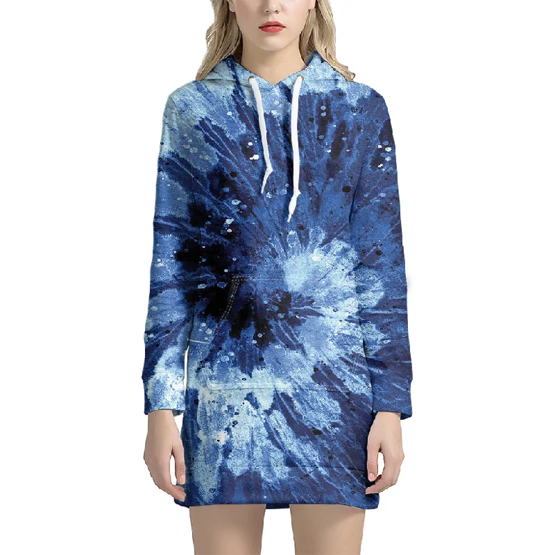 Blue And Black Tie Dye Print Pullover Hoodie Dress