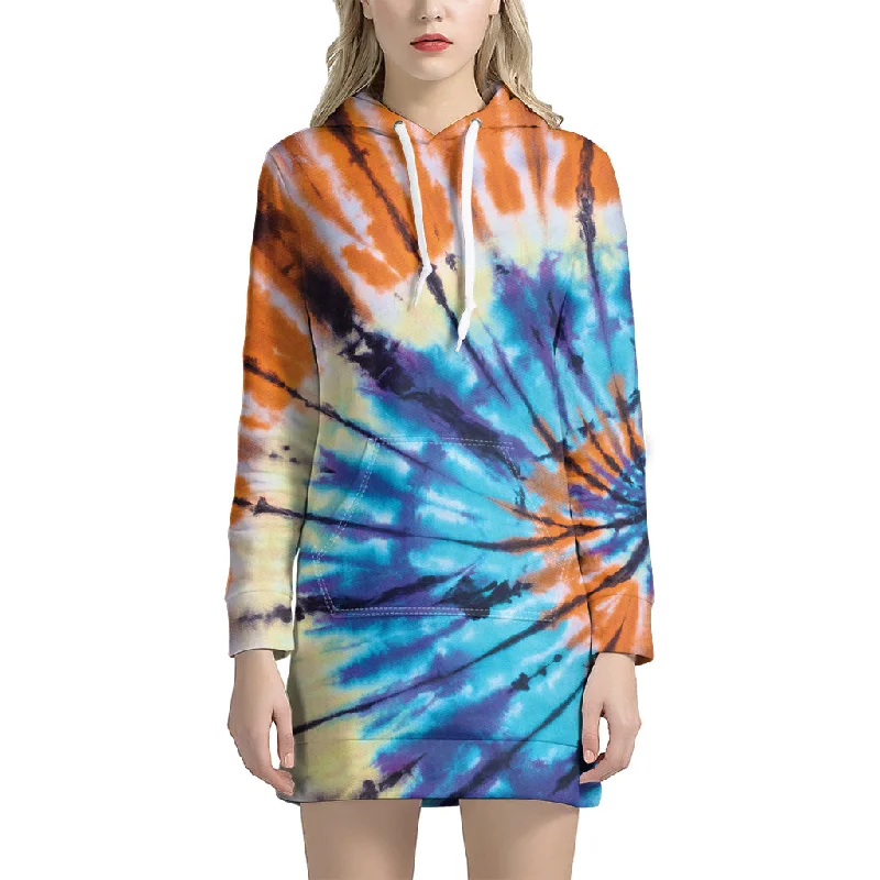 Blue And Orange Tie Dye Print Pullover Hoodie Dress