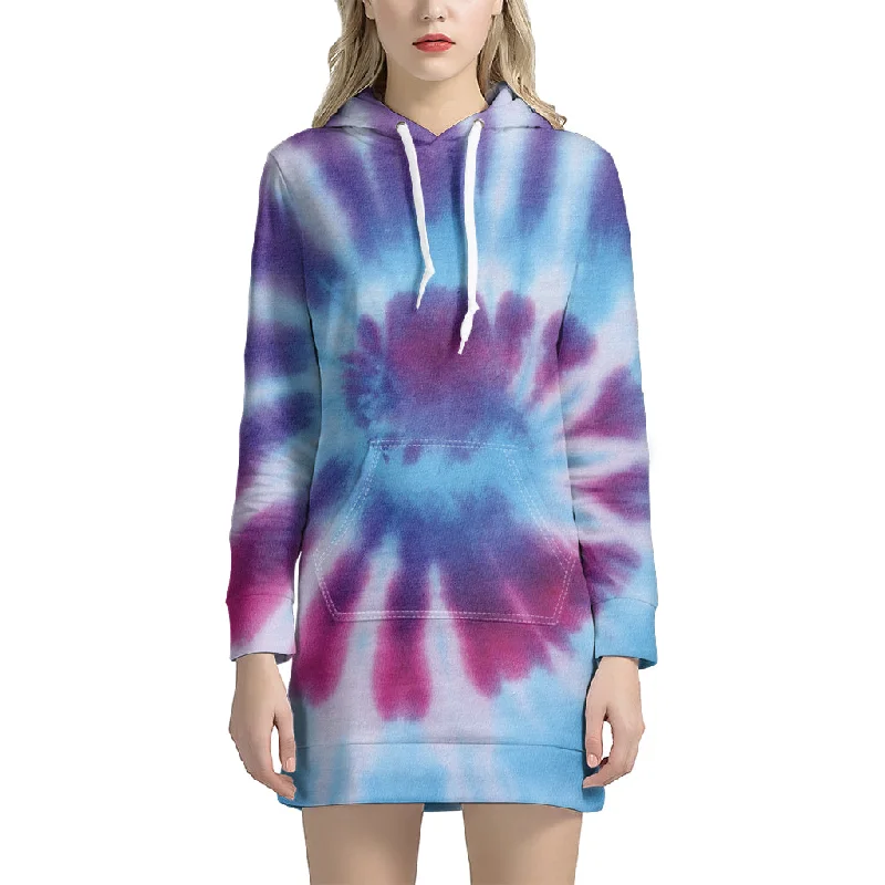 Blue And Purple Spiral Tie Dye Print Pullover Hoodie Dress