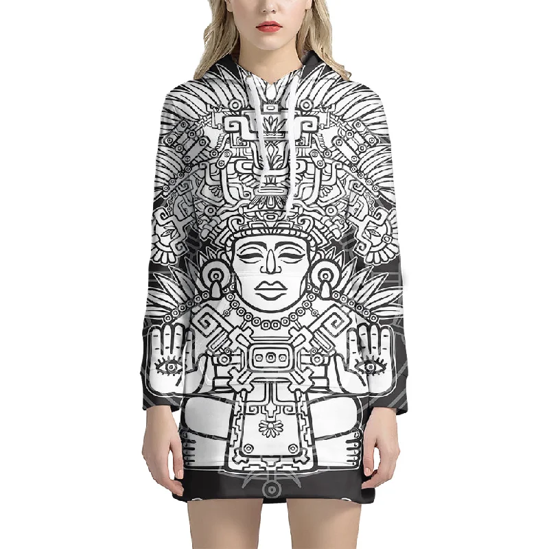 Blue And White Mayan Statue Print Pullover Hoodie Dress