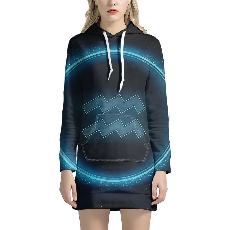 Blue Aquarius Zodiac Sign Print Pullover Hoodie Dress