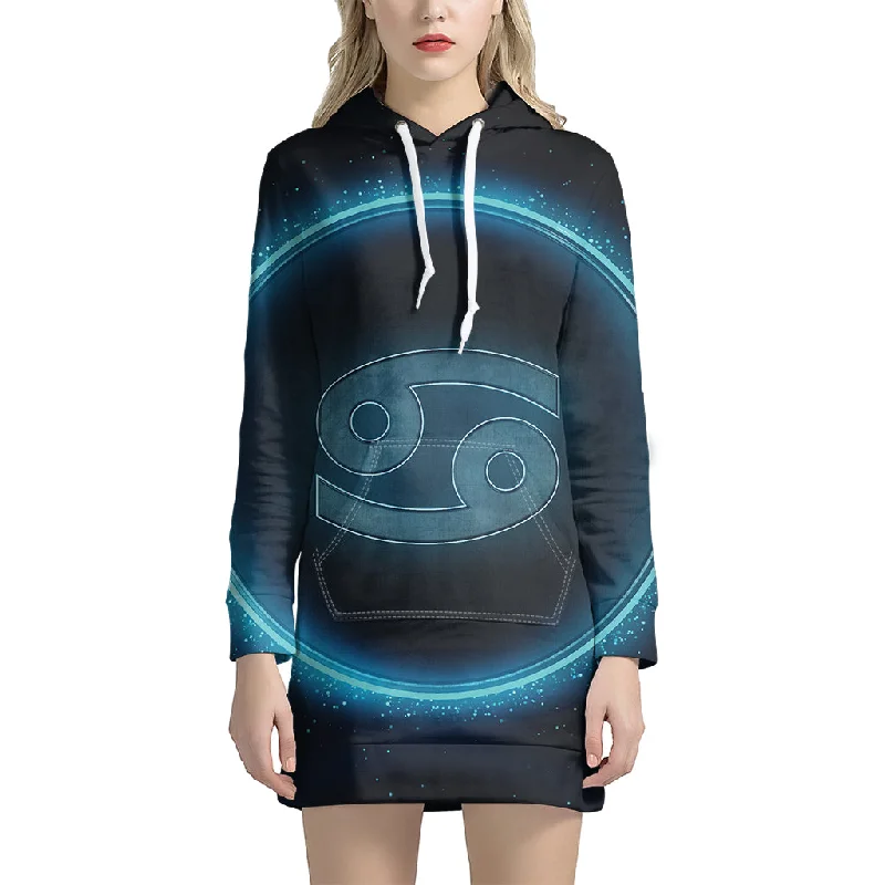 Blue Cancer Zodiac Sign Print Pullover Hoodie Dress