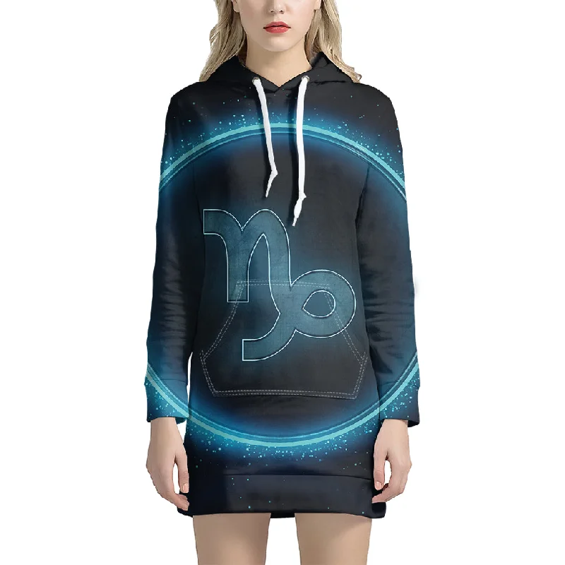 Blue Capricorn Zodiac Sign Print Pullover Hoodie Dress