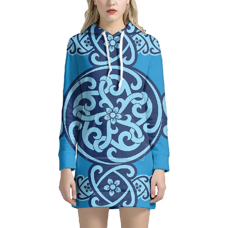 Blue Celtic Symbol Print Pullover Hoodie Dress