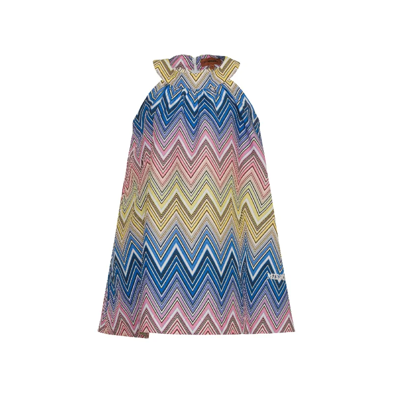 Blue Multi Sleeveless Chevron Print Halter Dress