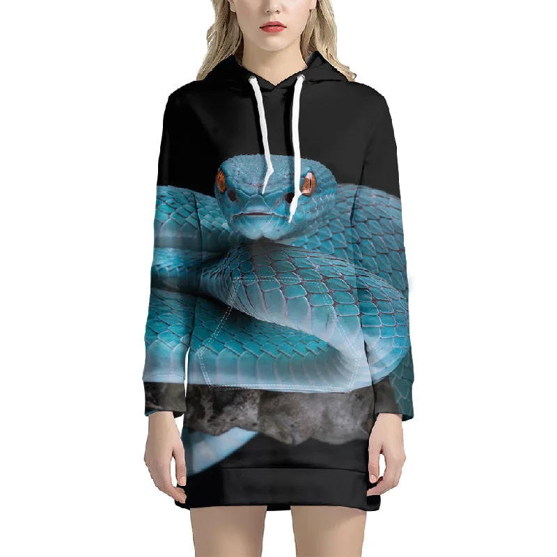 Blue Pit Viper Snake Print Pullover Hoodie Dress