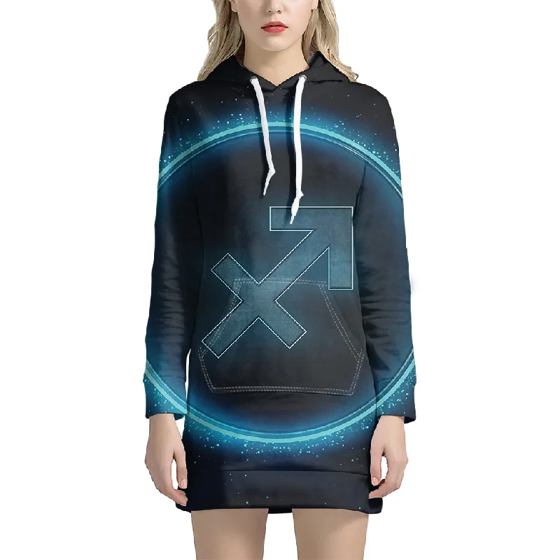 Blue Sagittarius Zodiac Sign Print Pullover Hoodie Dress