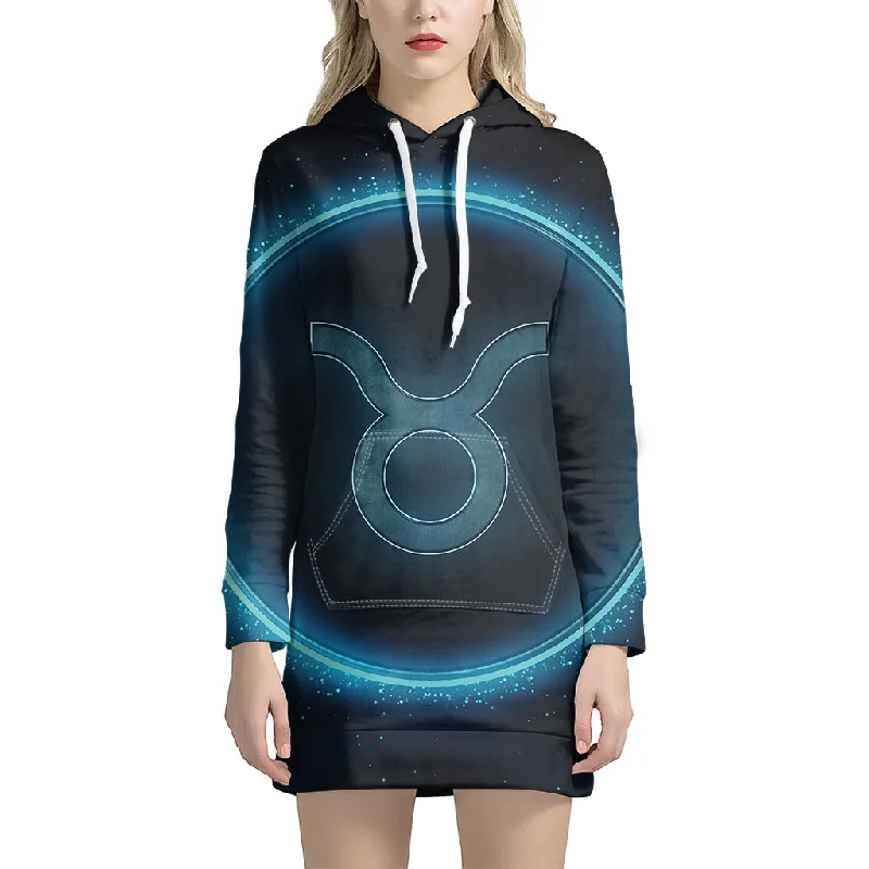 Blue Taurus Zodiac Sign Print Pullover Hoodie Dress