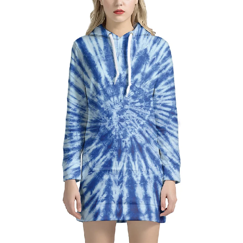 Blue Tie Dye Print Pullover Hoodie Dress