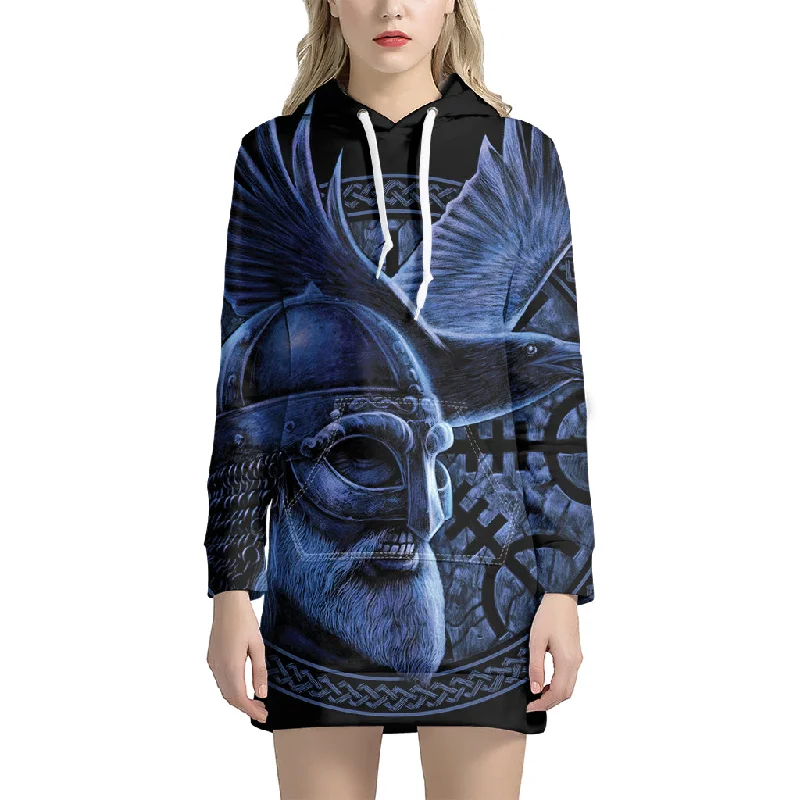 Blue Viking God Odin And Crow Print Pullover Hoodie Dress