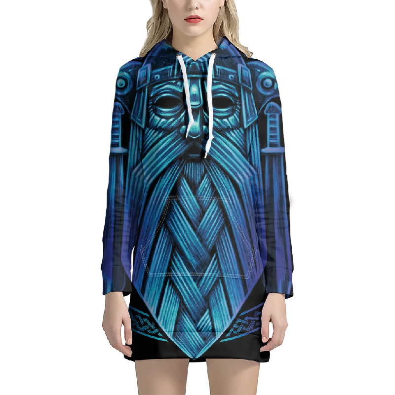 Blue Viking Norse God Odin Print Pullover Hoodie Dress