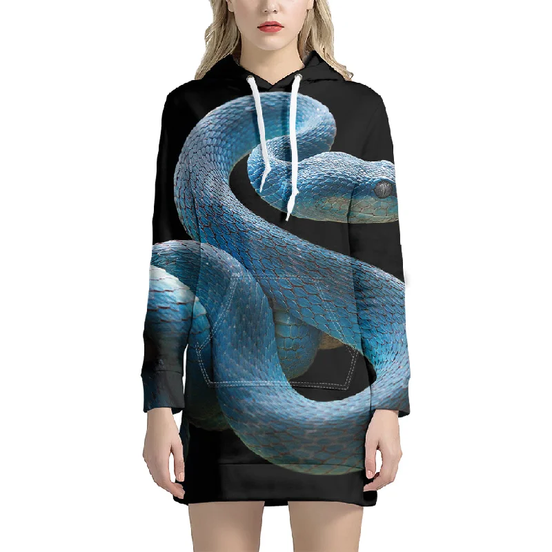 Blue Viper Snake Print Pullover Hoodie Dress