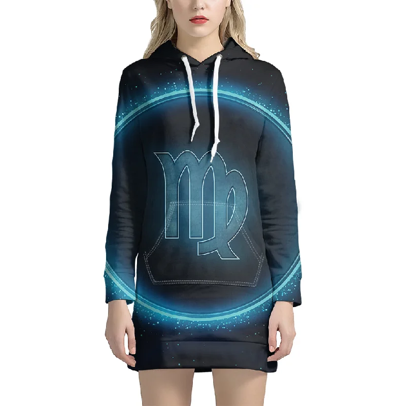 Blue Virgo Zodiac Sign Print Pullover Hoodie Dress