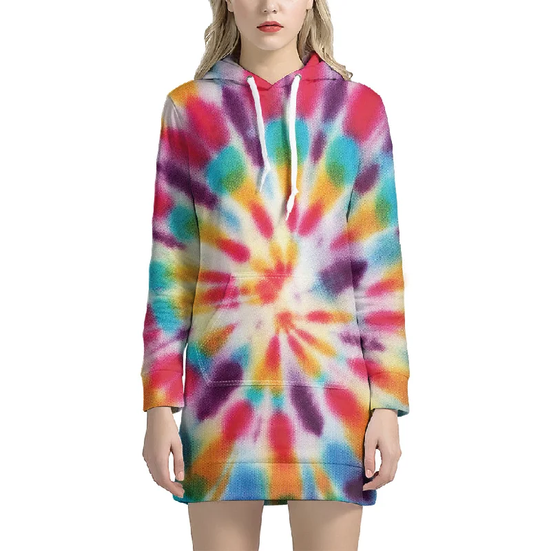 Bright Swirl Tie Dye Print Pullover Hoodie Dress