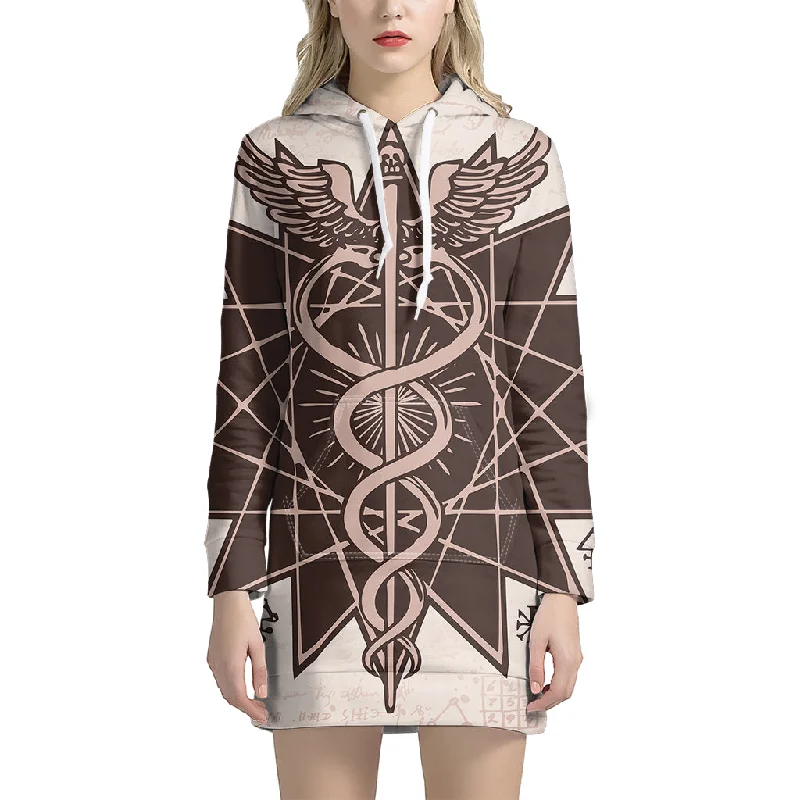 Caduceus Symbol Print Pullover Hoodie Dress