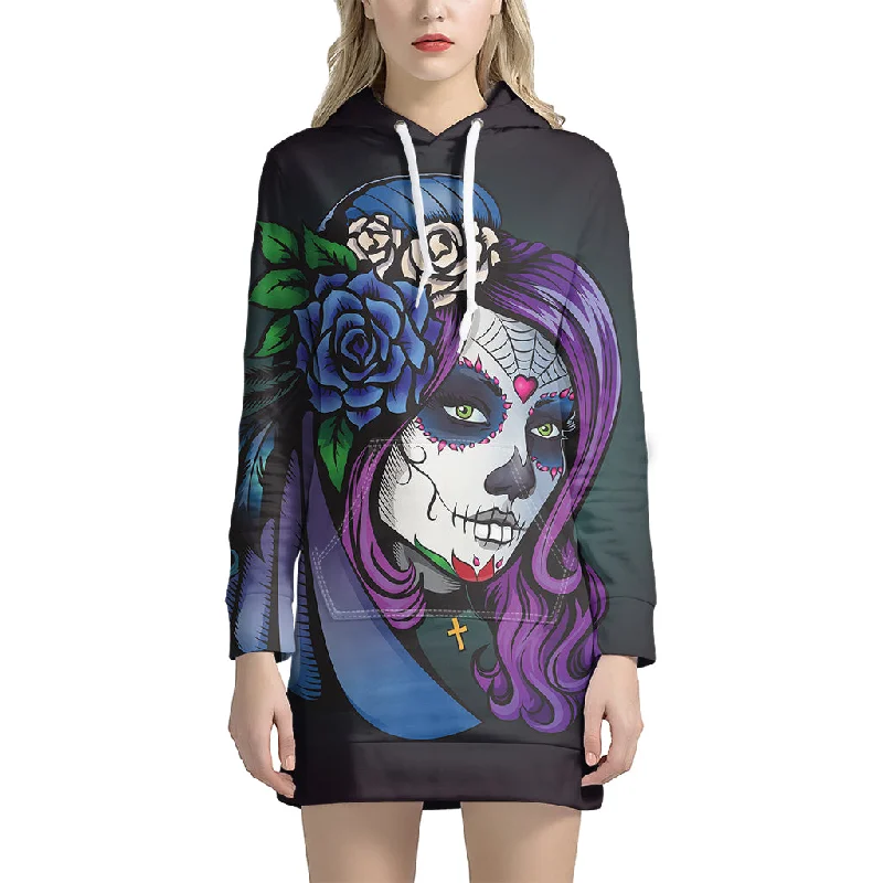 Calavera Girl Dia De Los Muertos Print Pullover Hoodie Dress