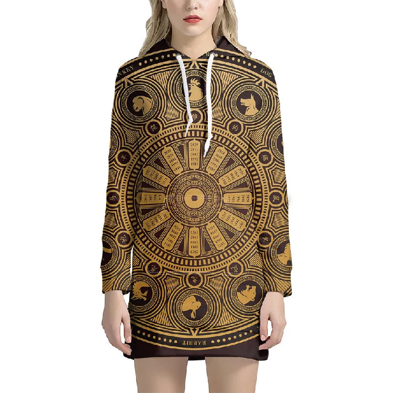 Chinese Zodiac Calendar Signs Print Pullover Hoodie Dress