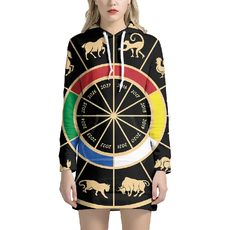 Chinese Zodiac Calendar Wheel Print Pullover Hoodie Dress