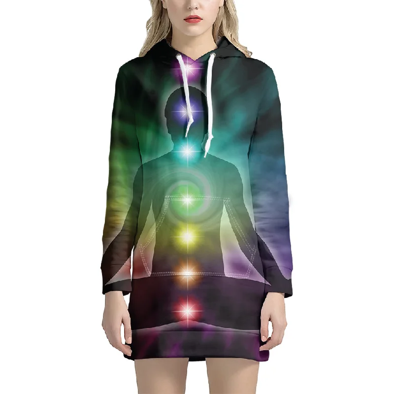 Colorful Chakras Aura Print Pullover Hoodie Dress