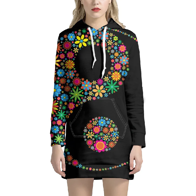 Colorful Flowers Yin Yang Print Pullover Hoodie Dress