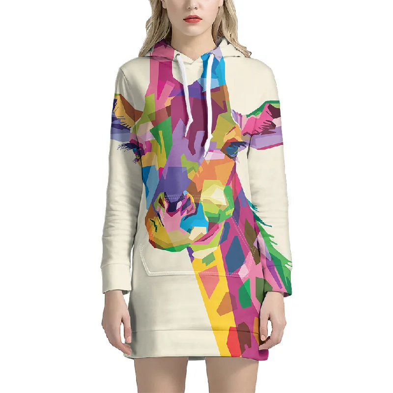 Colorful Giraffe Portrait Print Pullover Hoodie Dress