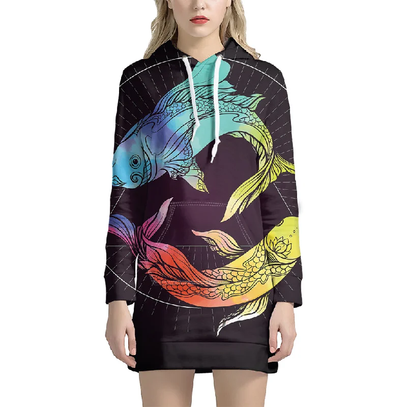 Colorful Pisces Sign Print Pullover Hoodie Dress