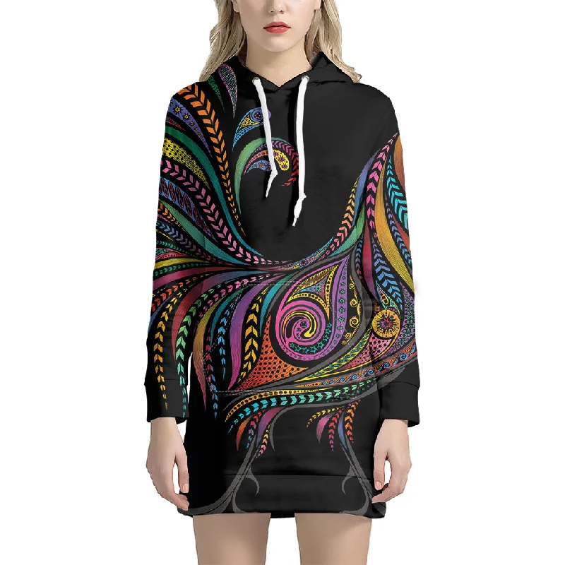 Colorful Rooster Print Pullover Hoodie Dress