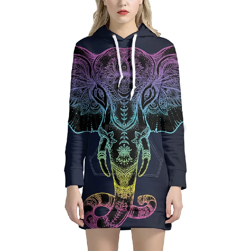 Colorful Spiritual Elephant Print Pullover Hoodie Dress