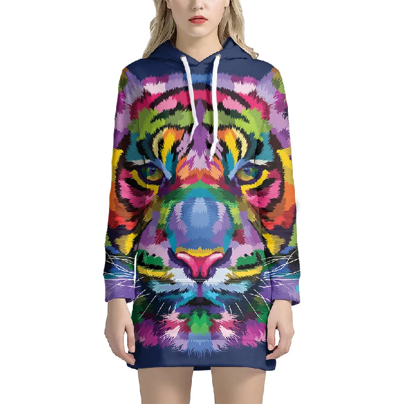 Colorful Tiger Portrait Print Pullover Hoodie Dress